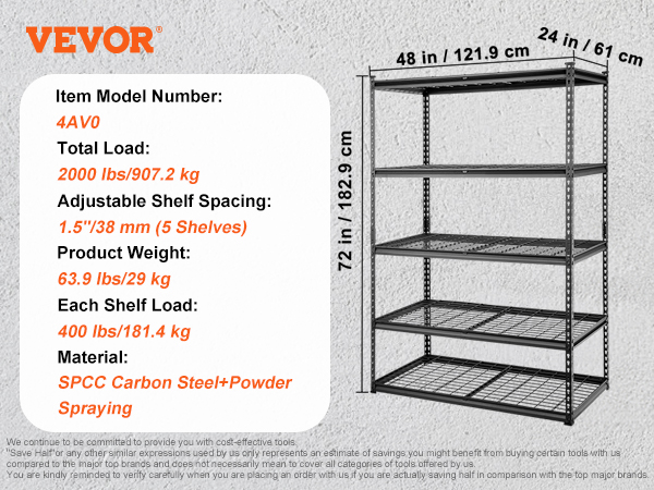 VEVOR storage shelving unit with 5 adjustable shelves, tools, and accessories, supports up to 2000 lbs.