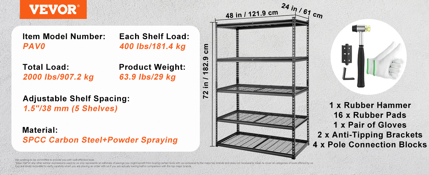 VEVOR storage shelving unit with 5 adjustable shelves, tools, and accessories, supports up to 2000 lbs.