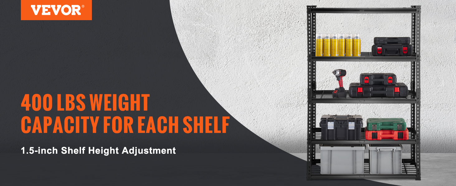 VEVOR storage shelving unit, 400 lbs capacity per shelf, adjustable height, with tools and boxes.