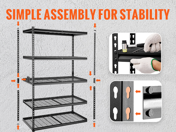 VEVOR storage shelving unit with simple assembly, no drilling or bolts needed for stability.