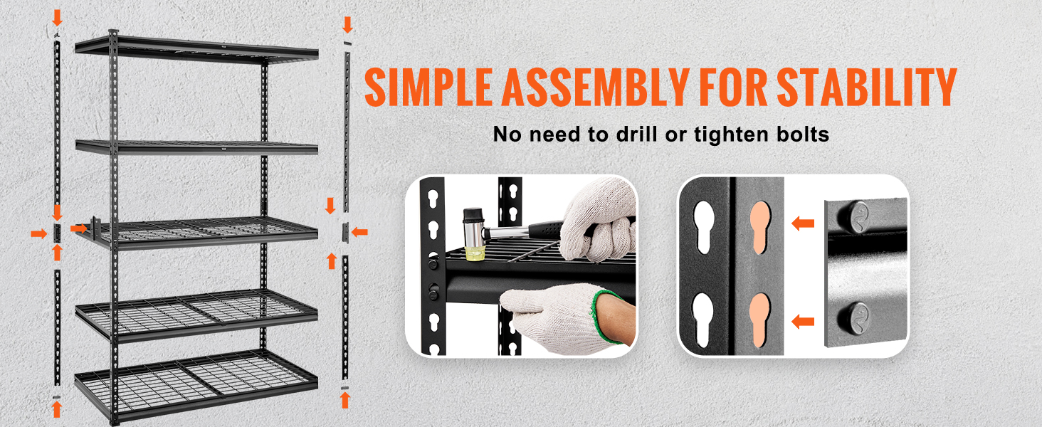 VEVOR storage shelving unit with simple assembly, no drilling or bolts needed for stability.