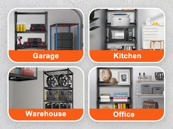VEVOR storage shelving unit in use for garage, kitchen, warehouse, and office organization.