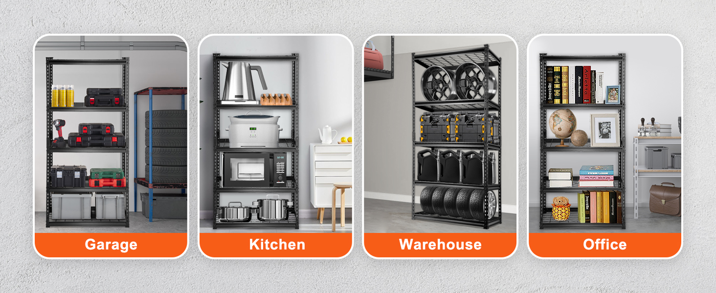 VEVOR storage shelving unit in use for garage, kitchen, warehouse, and office organization.