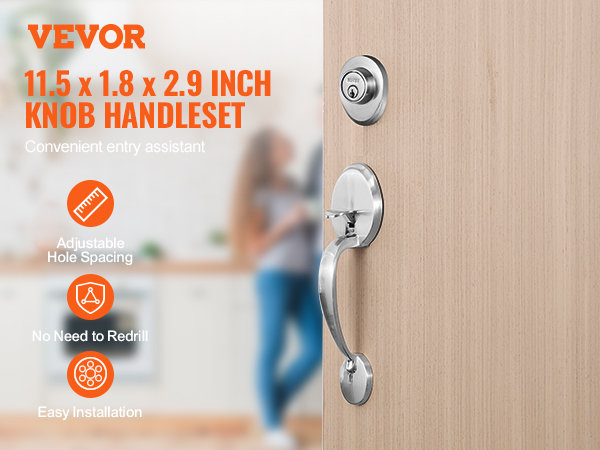 VEVOR front door handle set with adjustable hole spacing, no need to redrill, and easy installation.