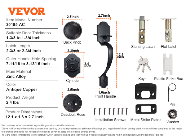 VEVOR front door lock set components: handle, knobs, latch, keys, screws, and hardware layout on white background.