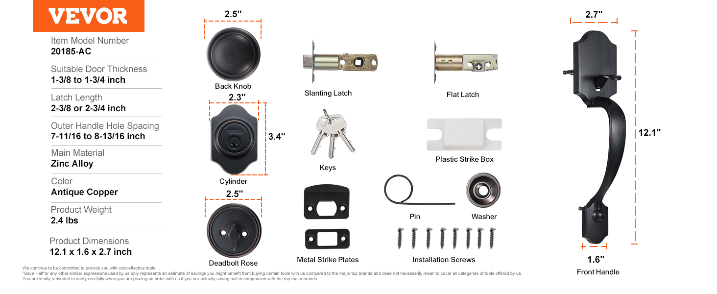VEVOR front door lock set components: handle, knobs, latch, keys, screws, and hardware layout on white background.