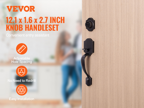 VEVOR front door lock set with adjustable hole spacing, no need to redrill, and easy installation.