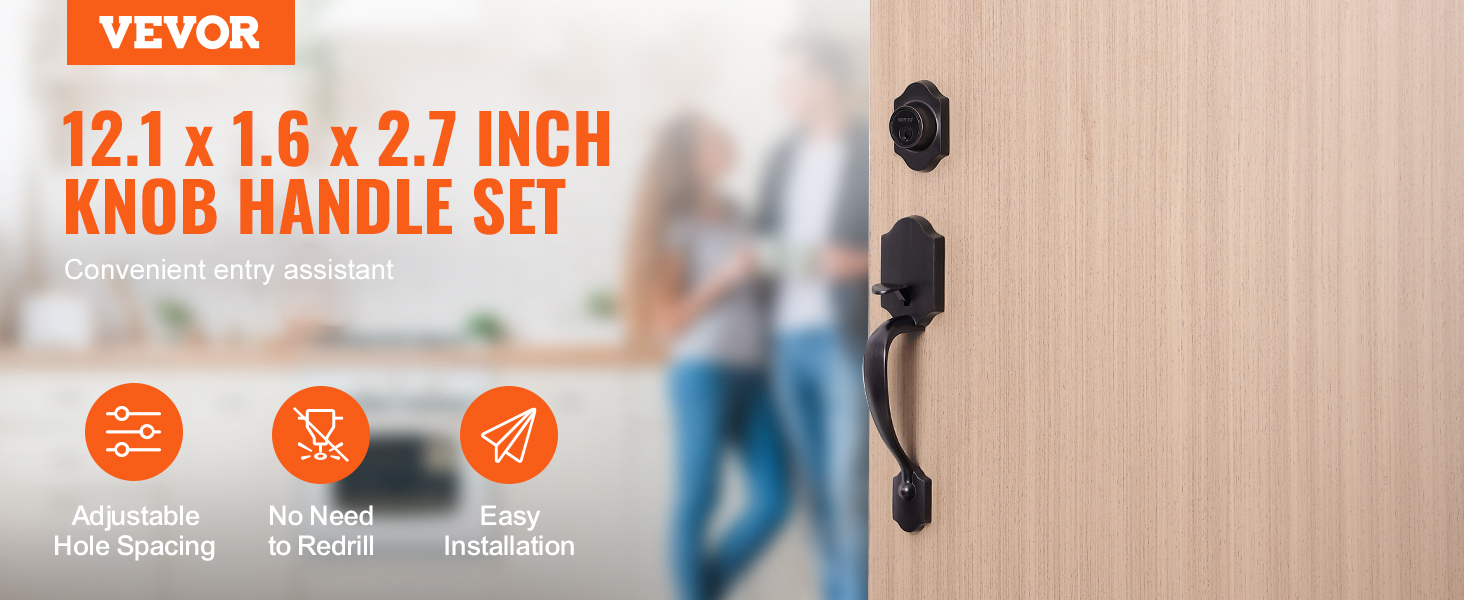 VEVOR front door lock set with adjustable hole spacing, no need to redrill, and easy installation.