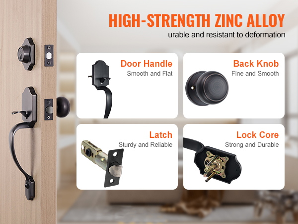 VEVOR front door lock set, high-strength zinc alloy, smooth door handle, sturdy latch, durable lock core.