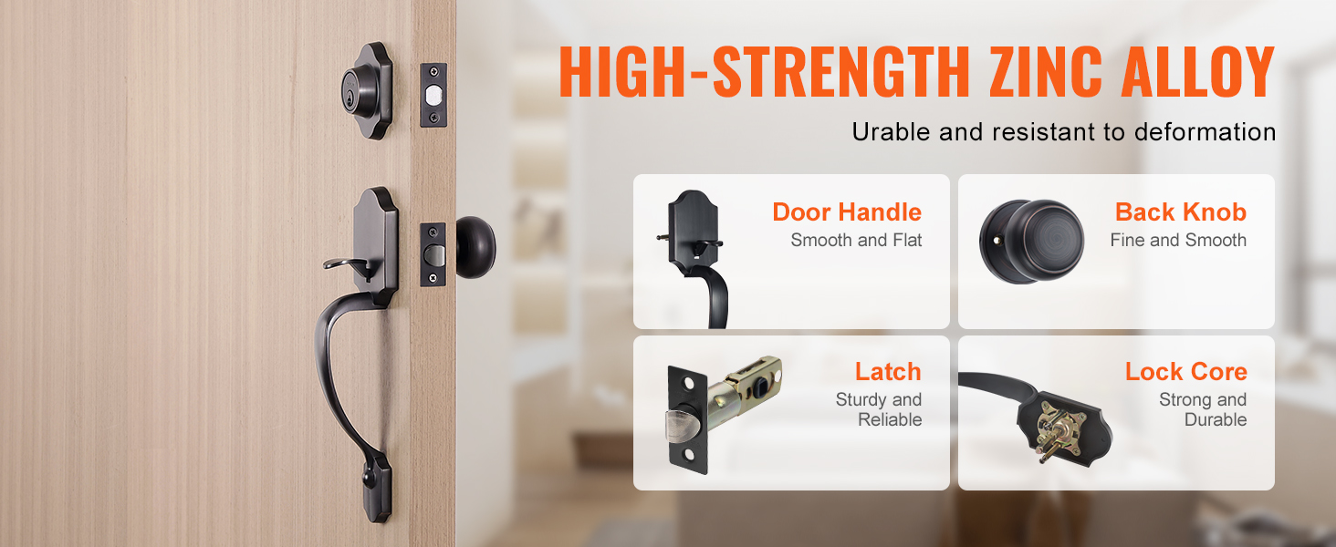 VEVOR front door lock set, high-strength zinc alloy, smooth door handle, sturdy latch, durable lock core.