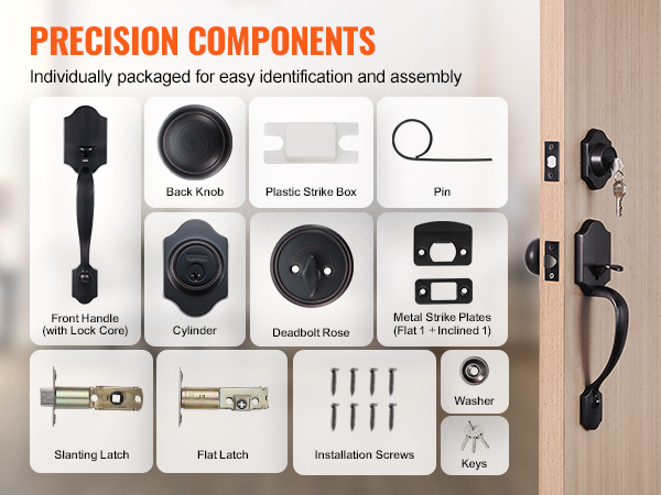precision components of VEVOR front door lock set, individually packaged, displayed with a door setup.