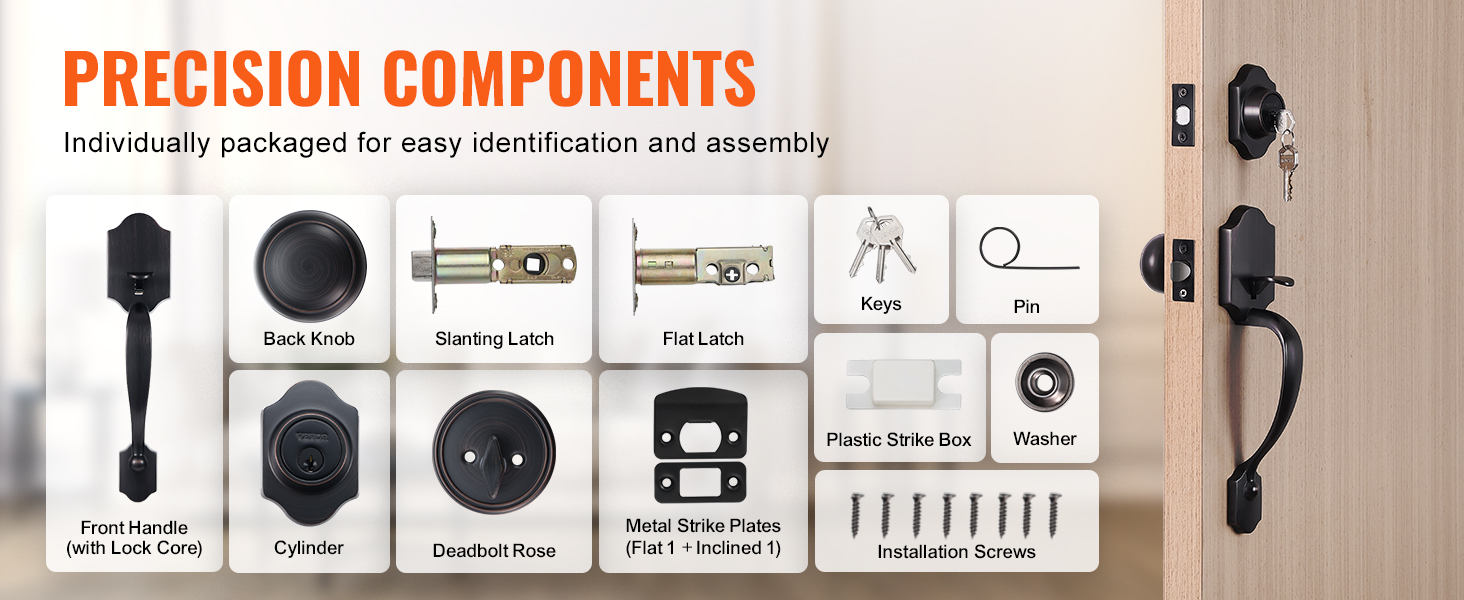 precision components of VEVOR front door lock set, individually packaged, displayed with a door setup.