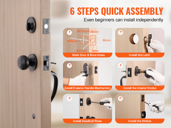 6-step assembly guide for VEVOR front door lock set, showcasing easy installation for beginners.