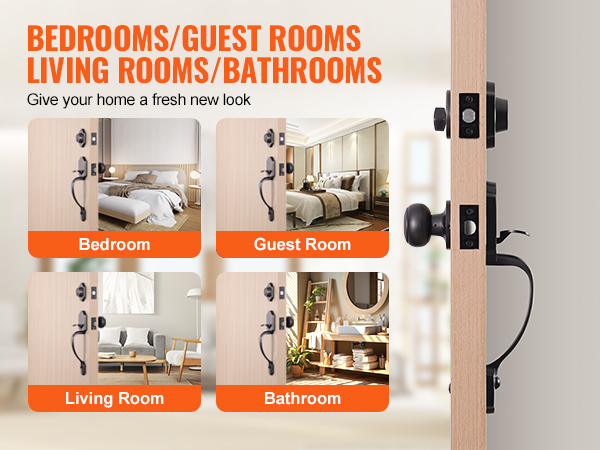VEVOR front door lock set with black finish, suitable for bedroom, guest room, living room, and bathroom.