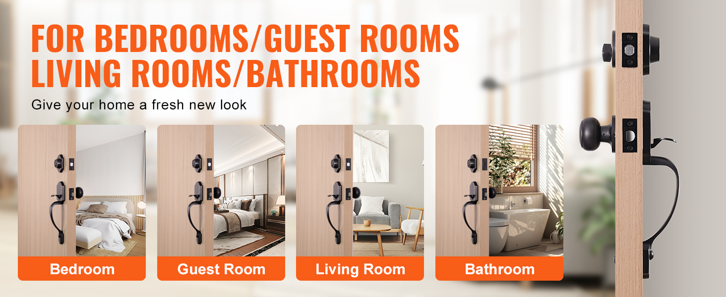 VEVOR front door lock set with black finish, suitable for bedroom, guest room, living room, and bathroom.