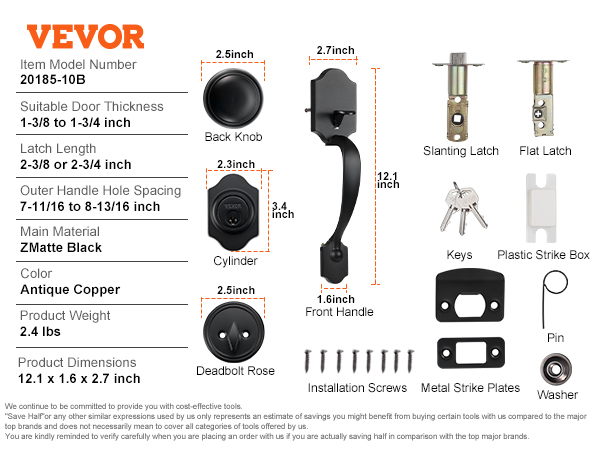 VEVOR front door lock set includes handle, deadbolt, keys, strike plates, screws, and latches.