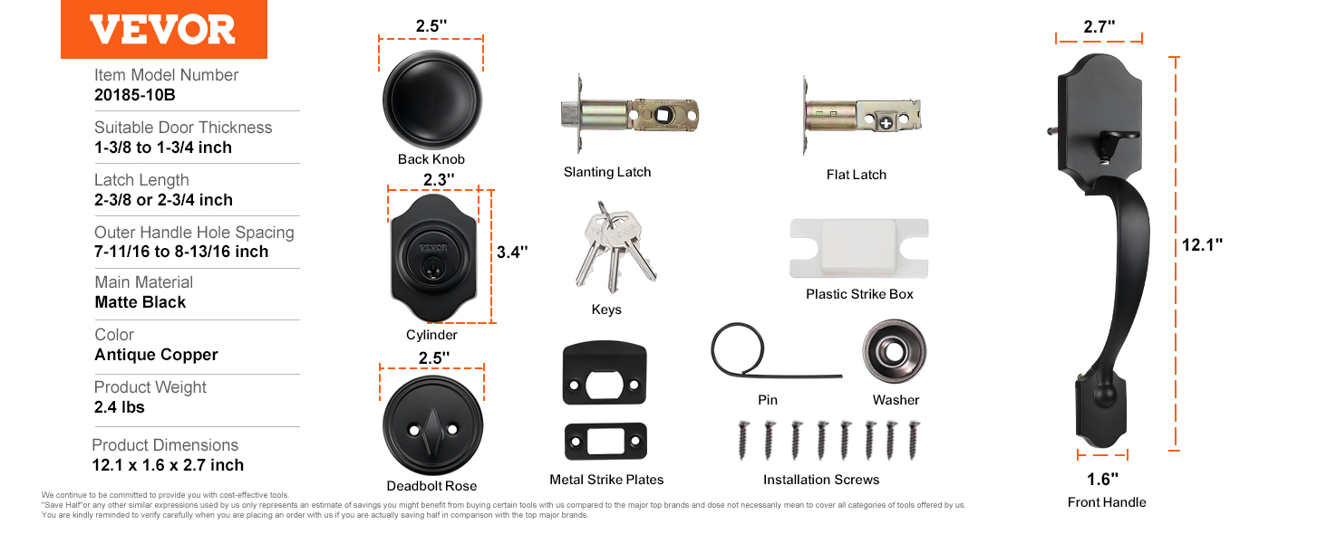 VEVOR front door lock set includes handle, deadbolt, keys, strike plates, screws, and latches.