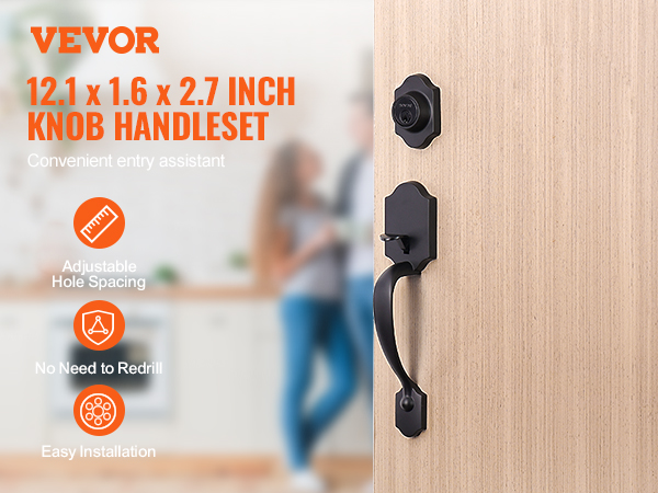 VEVOR front door lock set, 12.1 x 1.6 x 2.7 inch knob handle, adjustable hole spacing, easy installation.