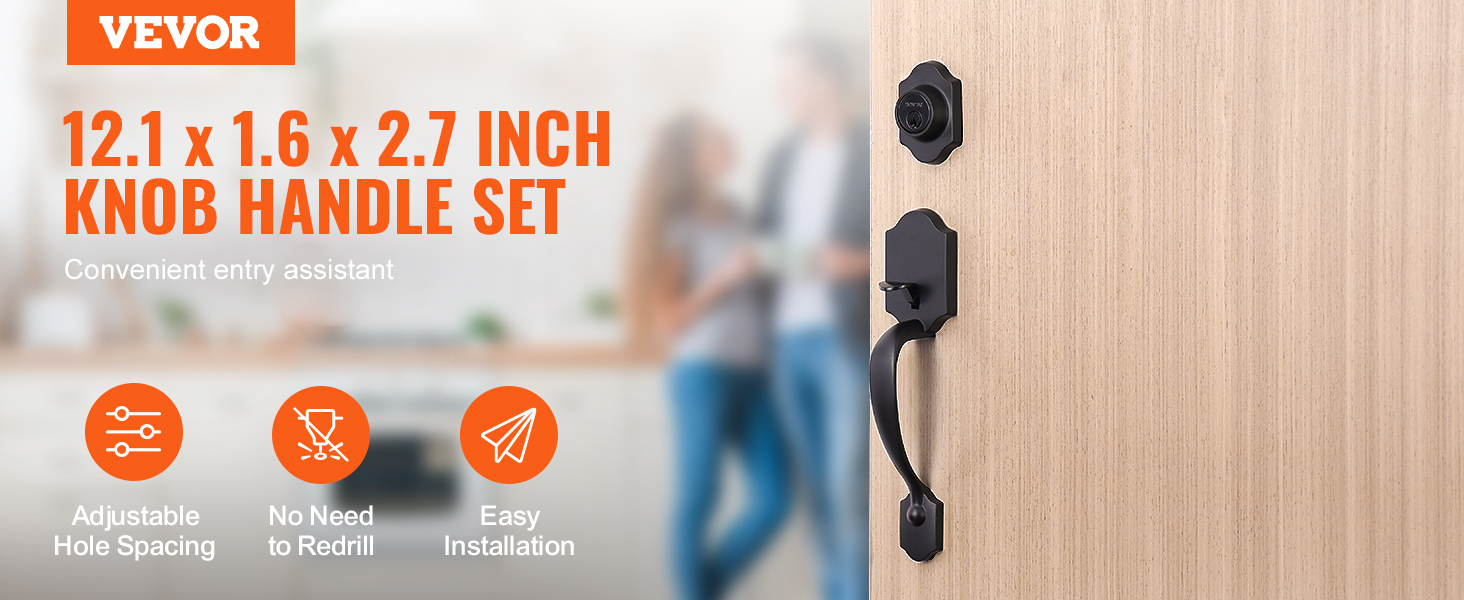 VEVOR front door lock set, 12.1 x 1.6 x 2.7 inch knob handle, adjustable hole spacing, easy installation.