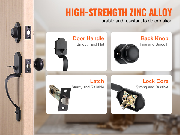 VEVOR front door lock set with high-strength zinc alloy, smooth door handle, back knob, sturdy latch, and lock core.