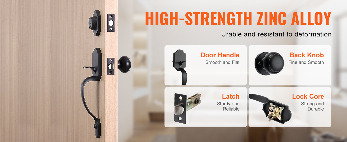VEVOR front door lock set with high-strength zinc alloy, smooth door handle, back knob, sturdy latch, and lock core.