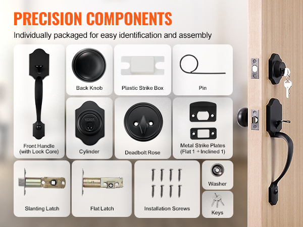 precision components of the VEVOR front door lock set neatly displayed with identified parts for easy assembly.