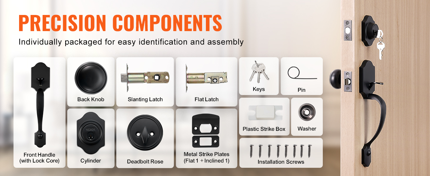 precision components of the VEVOR front door lock set neatly displayed with identified parts for easy assembly.