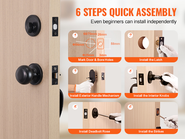 6 steps to install VEVOR front door lock set, including door prep and latch, handle, knob, and strikes.