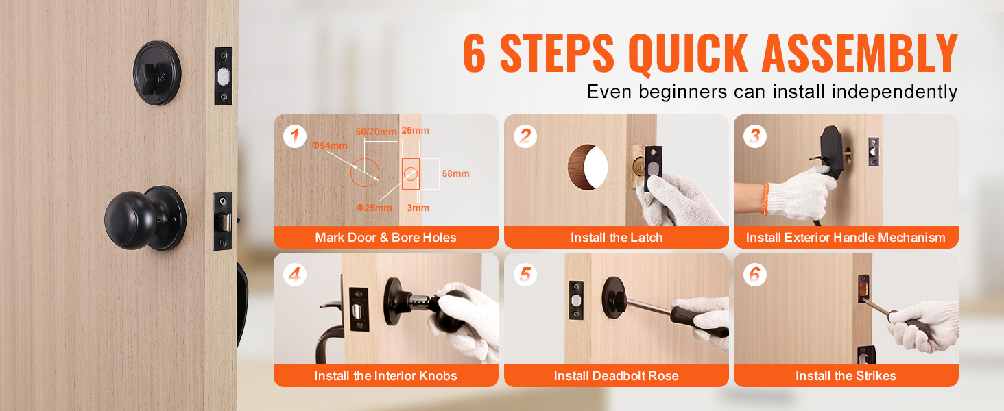 6 steps to install VEVOR front door lock set, including door prep and latch, handle, knob, and strikes.
