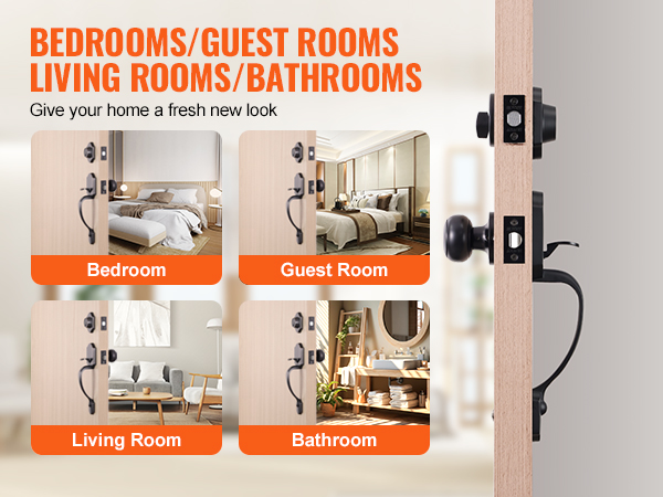 VEVOR front door lock set showcased in bedrooms, guest rooms, living rooms, and bathrooms.