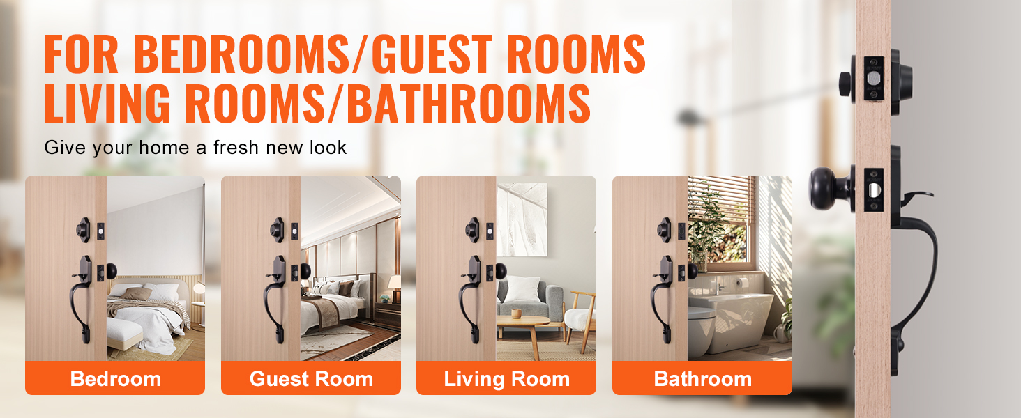 VEVOR front door lock set showcased in bedrooms, guest rooms, living rooms, and bathrooms.