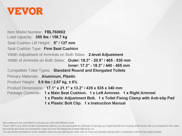 VEVOR raised toilet seat with adjustable armrests, firm cushion, and a 5" lift height.