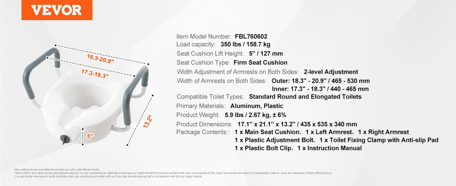 VEVOR raised toilet seat with adjustable armrests, firm cushion, and a 5" lift height.