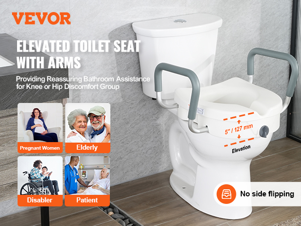 VEVOR raised toilet seat with arms providing bathroom assistance for pregnant women, elderly, and patients.