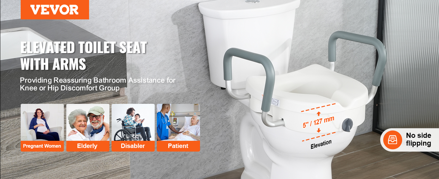 VEVOR raised toilet seat with arms providing bathroom assistance for pregnant women, elderly, and patients.
