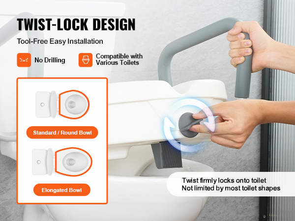 twist-lock design for VEVOR raised toilet seat, tool-free installation, compatible with various toilets.