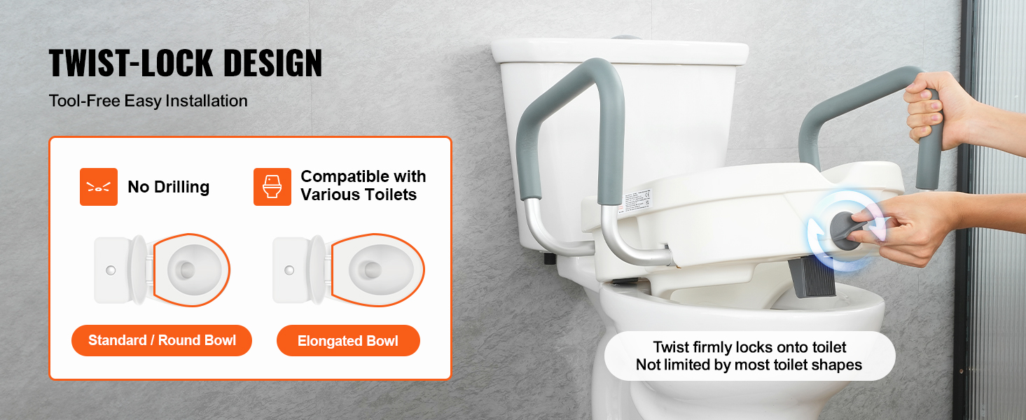 twist-lock design for VEVOR raised toilet seat, tool-free installation, compatible with various toilets.