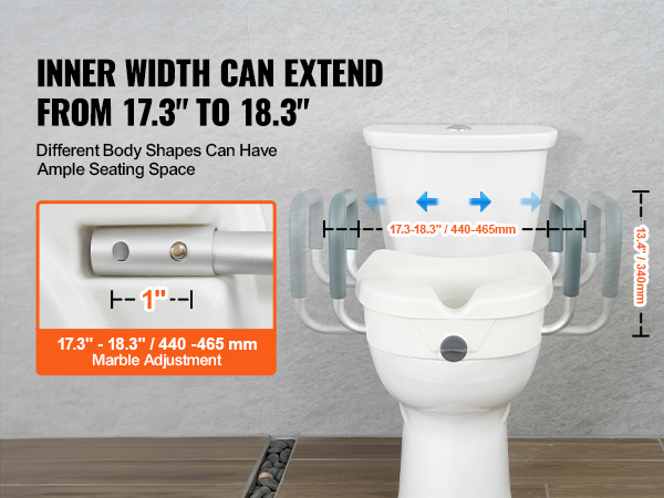 VEVOR raised toilet seat with adjustable width from 17.3" to 18.3" and 13.4" height for ample seating space.