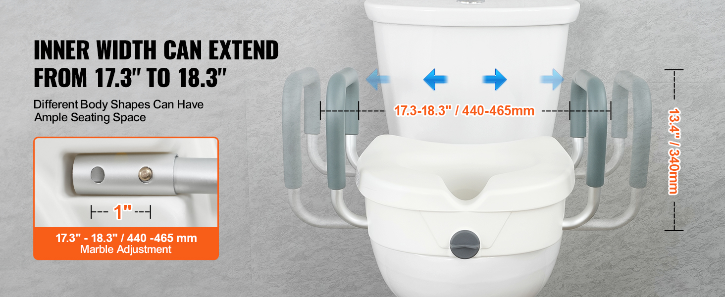 VEVOR raised toilet seat with adjustable width from 17.3" to 18.3" and 13.4" height for ample seating space.