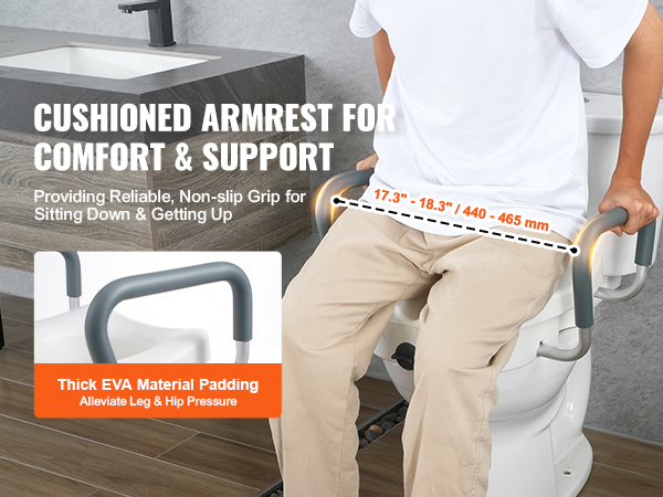 cushioned armrest for comfort and support with thick eva padding on VEVOR raised toilet seat.