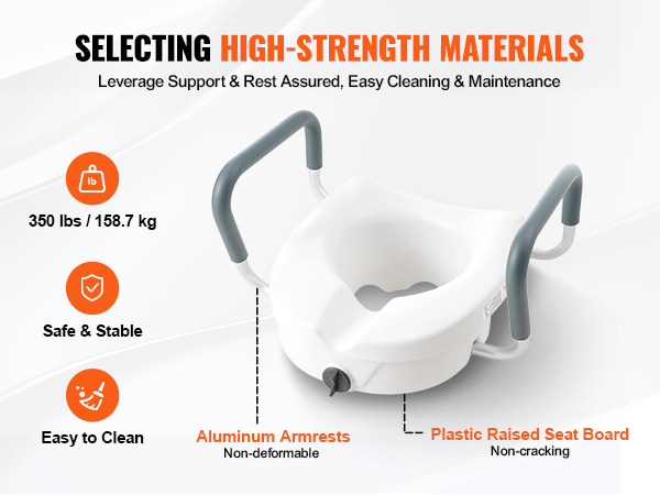 VEVOR raised toilet seat with aluminum armrests, plastic seat board, supports up to 350 lbs, easy to clean.