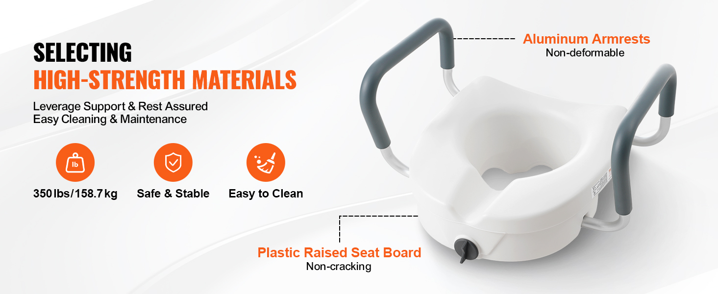 VEVOR raised toilet seat with aluminum armrests, plastic seat board, supports up to 350 lbs, easy to clean.