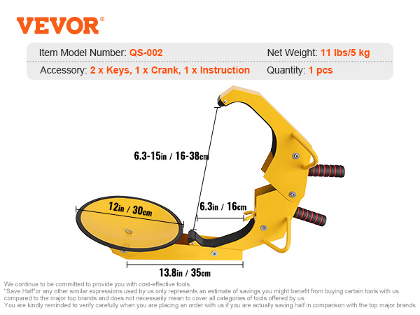 yellow VEVOR wheel lock model qs-002 with dimensions and accessories listed. weight: 11 lbs. quantity: 1.