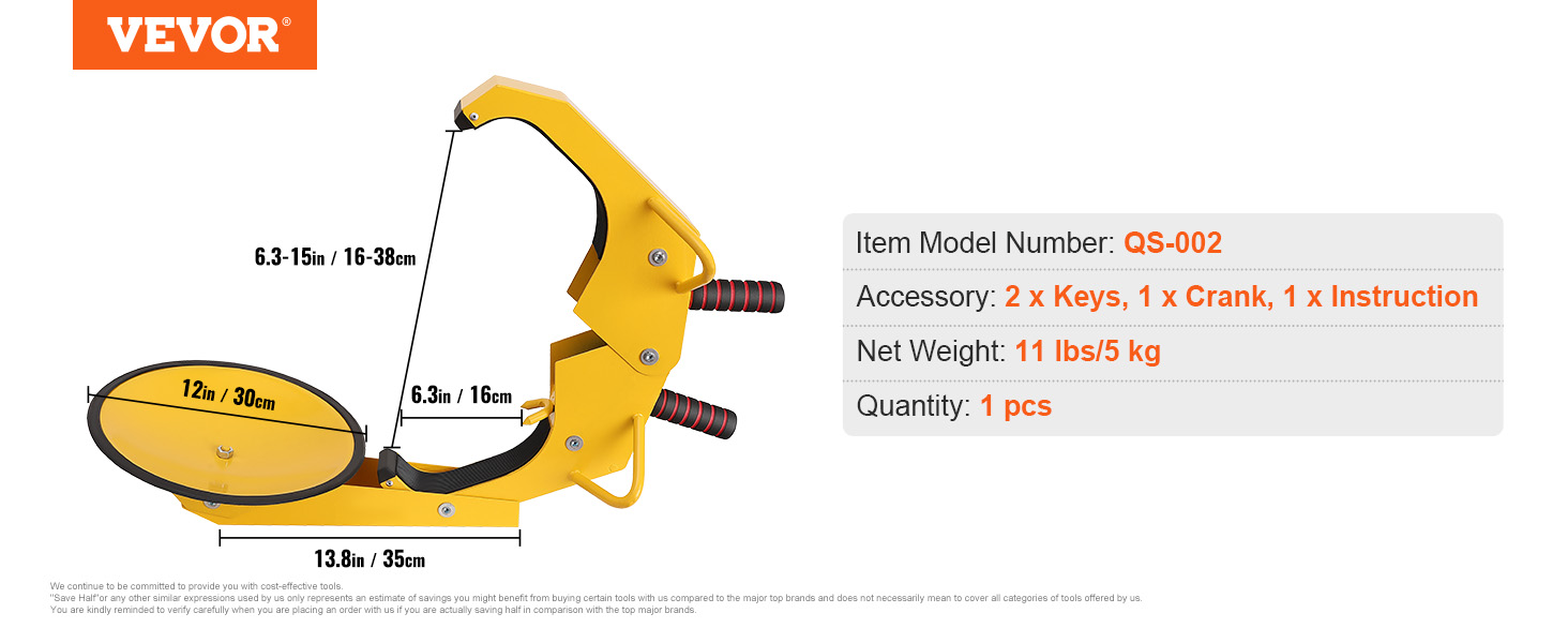 yellow VEVOR wheel lock model qs-002 with dimensions and accessories listed. weight: 11 lbs. quantity: 1.