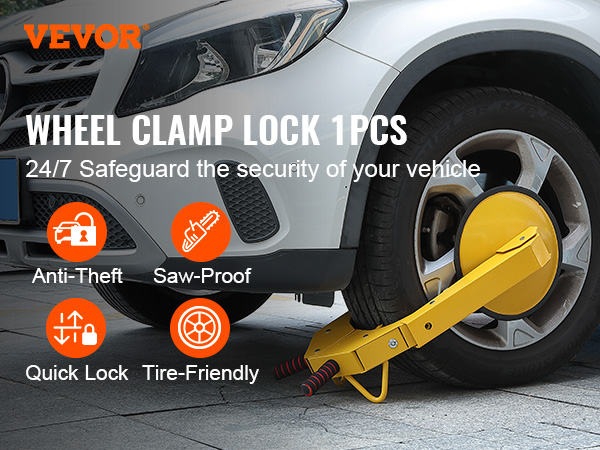 VEVOR wheel lock securing a parked vehicle's wheel, displaying anti-theft, saw-proof, quick lock features.