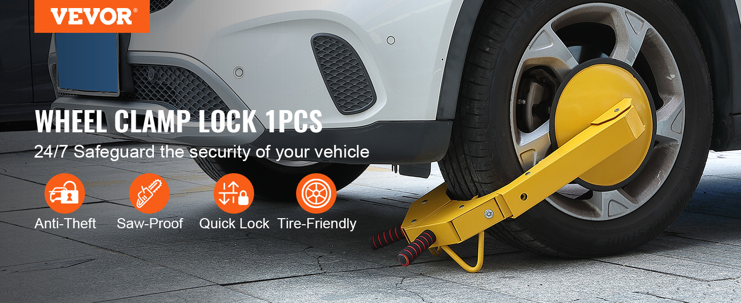 VEVOR wheel lock securing a parked vehicle's wheel, displaying anti-theft, saw-proof, quick lock features.