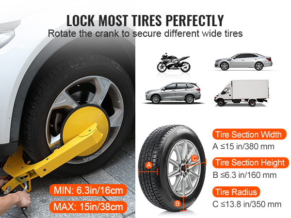 car secured with yellow VEVOR wheel lock, showing q235a steel construction and tire dimensions.