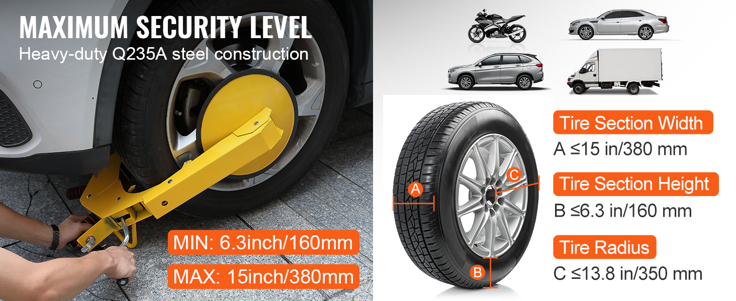 car secured with yellow VEVOR wheel lock, showing q235a steel construction and tire dimensions.