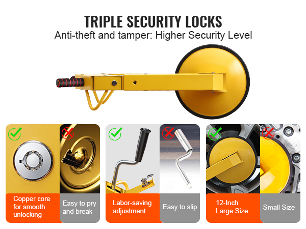 triple security locks comparison between VEVOR wheel lock features: copper core, labor-saving, large size.
