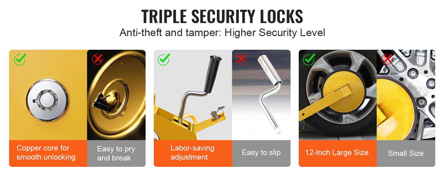 triple security locks comparison between VEVOR wheel lock features: copper core, labor-saving, large size.